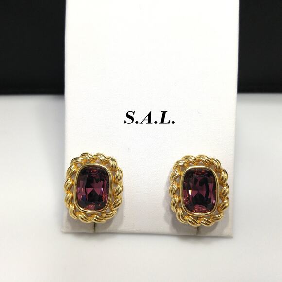 Swarovski S.A.L. Earrings, Purple Crystal Clip Ons, Gold Rope Design, 1970s - Picture 4 of 10